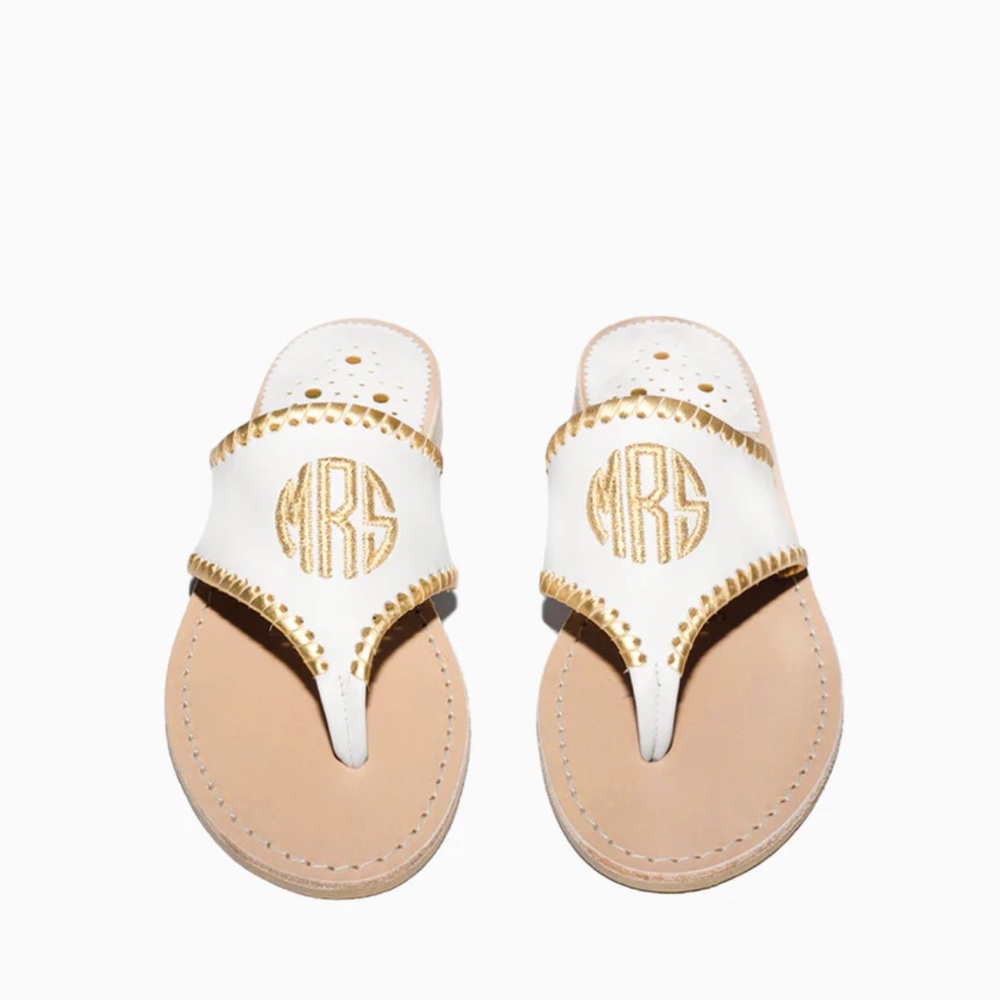Jack Rogers Embroidered “MRS” Leather Flat Sandal